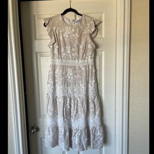 Antonio Melani Cream Floral Applique Midi Dress, Size 6